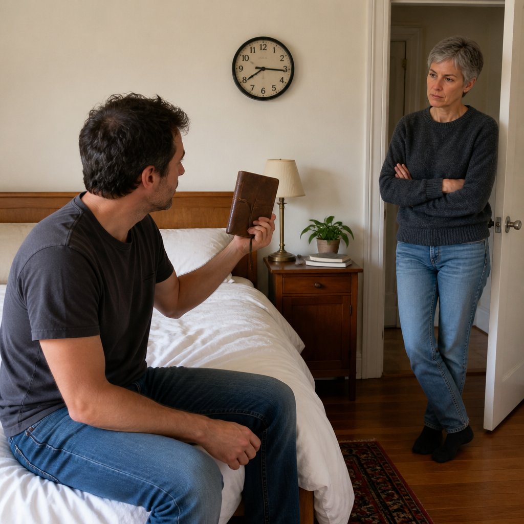 Man holding a small journal on bed, woman standing tensely near door in bedroom.