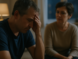 Middle-aged person tired on couch at dusk with spouse nearby