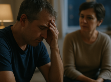 Middle-aged person tired on couch at dusk with spouse nearby