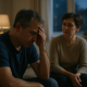 Middle-aged person tired on couch at dusk with spouse nearby