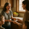 Neighbor handing banana bread to mother in a bright kitchen, children looking on.