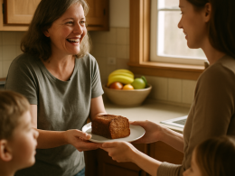 Neighbor handing banana bread to mother in a bright kitchen, children looking on.
