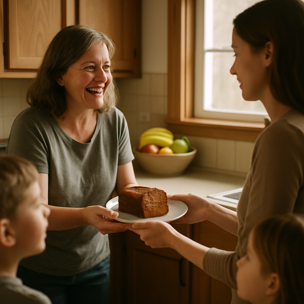 Neighbor handing banana bread to mother in a bright kitchen, children looking on.