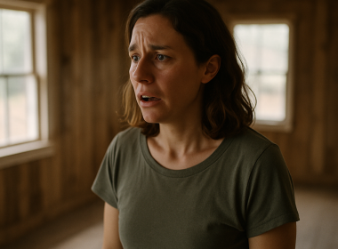 Woman standing alone in an empty house with bare walls and missing furniture, looking around with a worried expression.