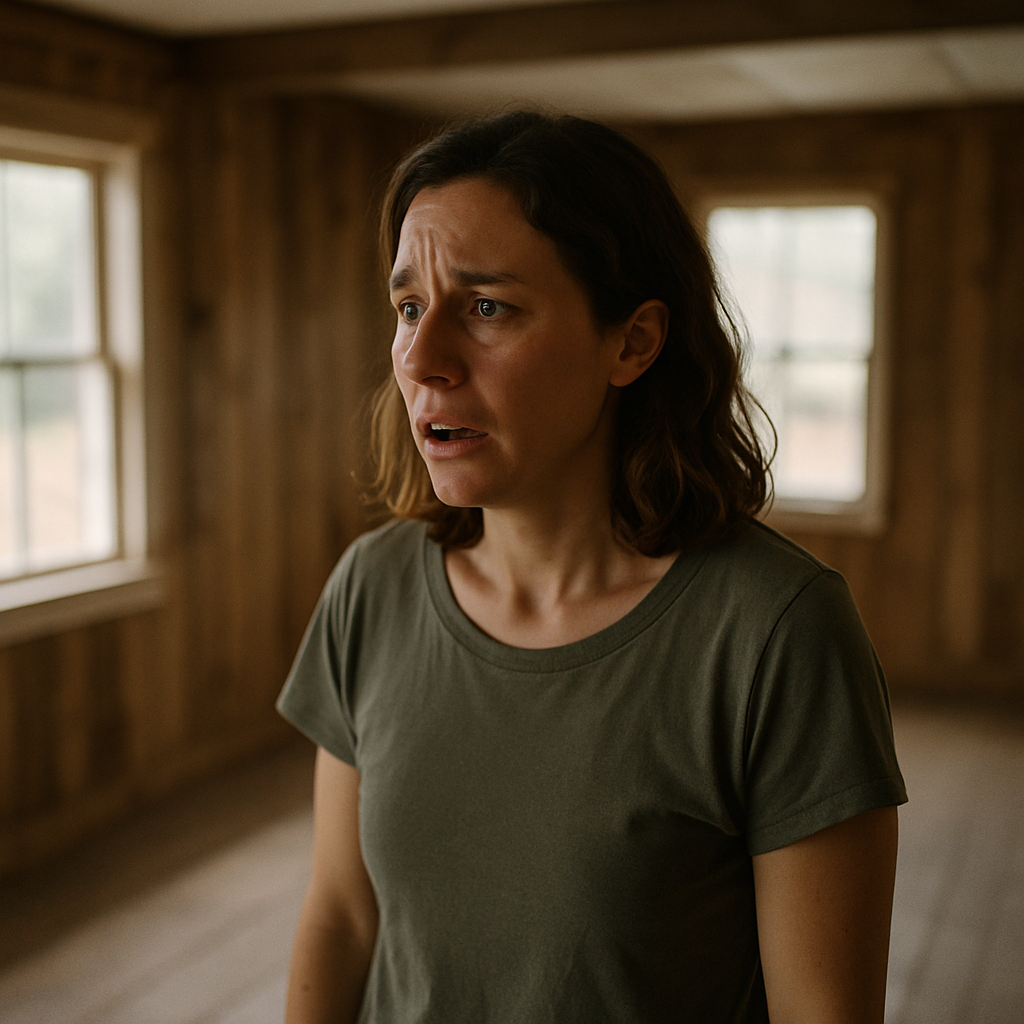 Woman standing alone in an empty house with bare walls and missing furniture, looking around with a worried expression.