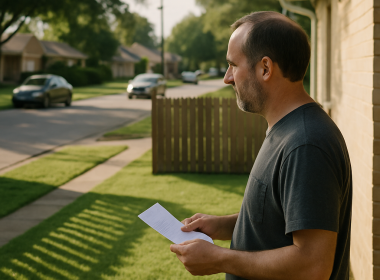 Man holding a letter standing in a suburban side yard with shadows cast by a fence, looking concerned.
