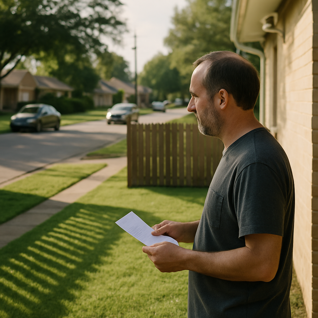 Man holding a letter standing in a suburban side yard with shadows cast by a fence, looking concerned.