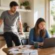 Man leaning on kitchen counter watching woman at table with laptop and receipts