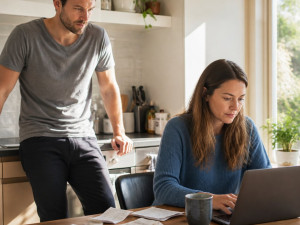 Man leaning on kitchen counter watching woman at table with laptop and receipts