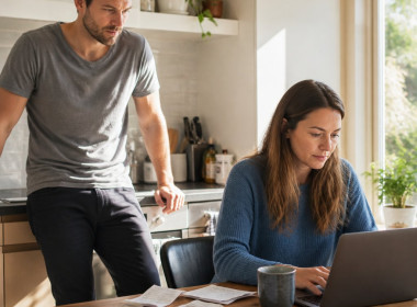 Man leaning on kitchen counter watching woman at table with laptop and receipts