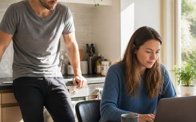 Man leaning on kitchen counter watching woman at table with laptop and receipts