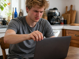 Young man sitting at kitchen table opening laptop, frustrated by Wi-Fi drop