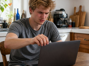 Young man sitting at kitchen table opening laptop, frustrated by Wi-Fi drop