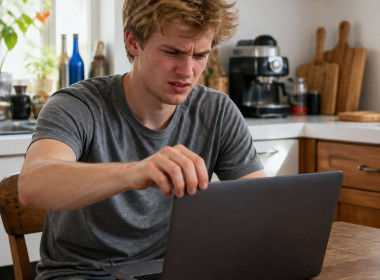 Young man sitting at kitchen table opening laptop, frustrated by Wi-Fi drop