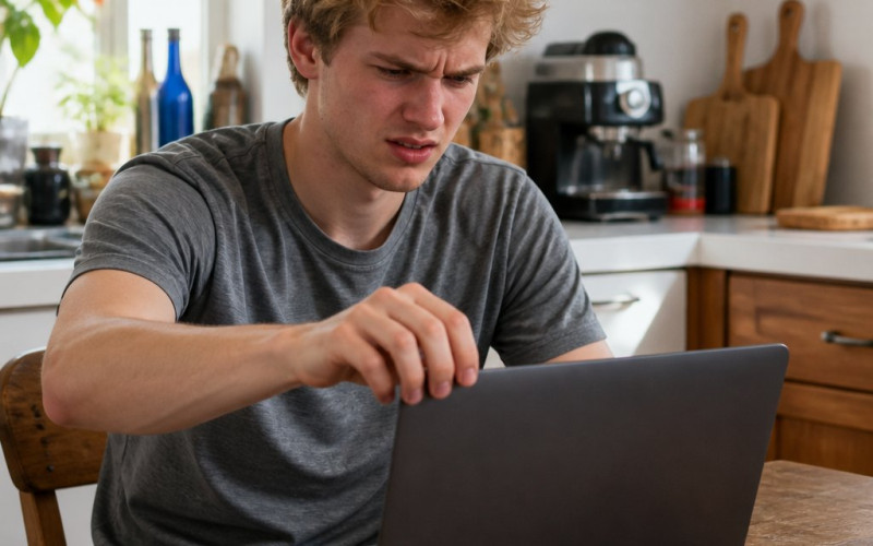 Young man sitting at kitchen table opening laptop, frustrated by Wi-Fi drop