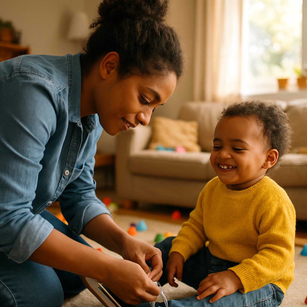 Woman tying toddler's shoelaces in a cluttered living room