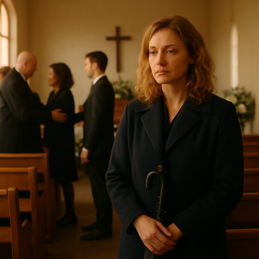A tired-looking woman in a navy coat holding a folded umbrella watches a family at a small chapel funeral.