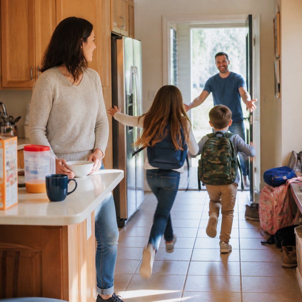 Children running happily toward their father in the kitchen as their mother watches quietly.