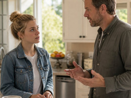 Young woman with messy blonde bun hesitantly looking at a man holding a phone in a cluttered kitchen.