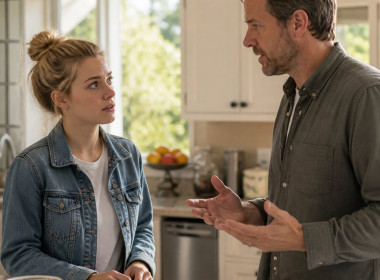 Young woman with messy blonde bun hesitantly looking at a man holding a phone in a cluttered kitchen.