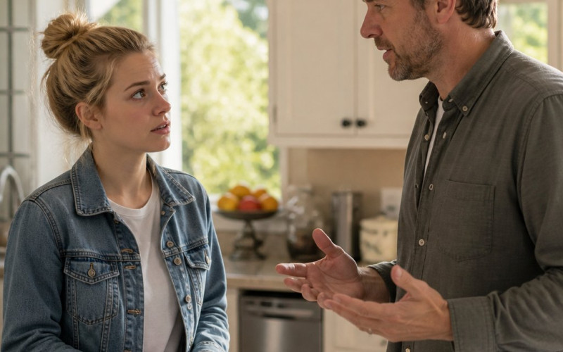 Young woman with messy blonde bun hesitantly looking at a man holding a phone in a cluttered kitchen.
