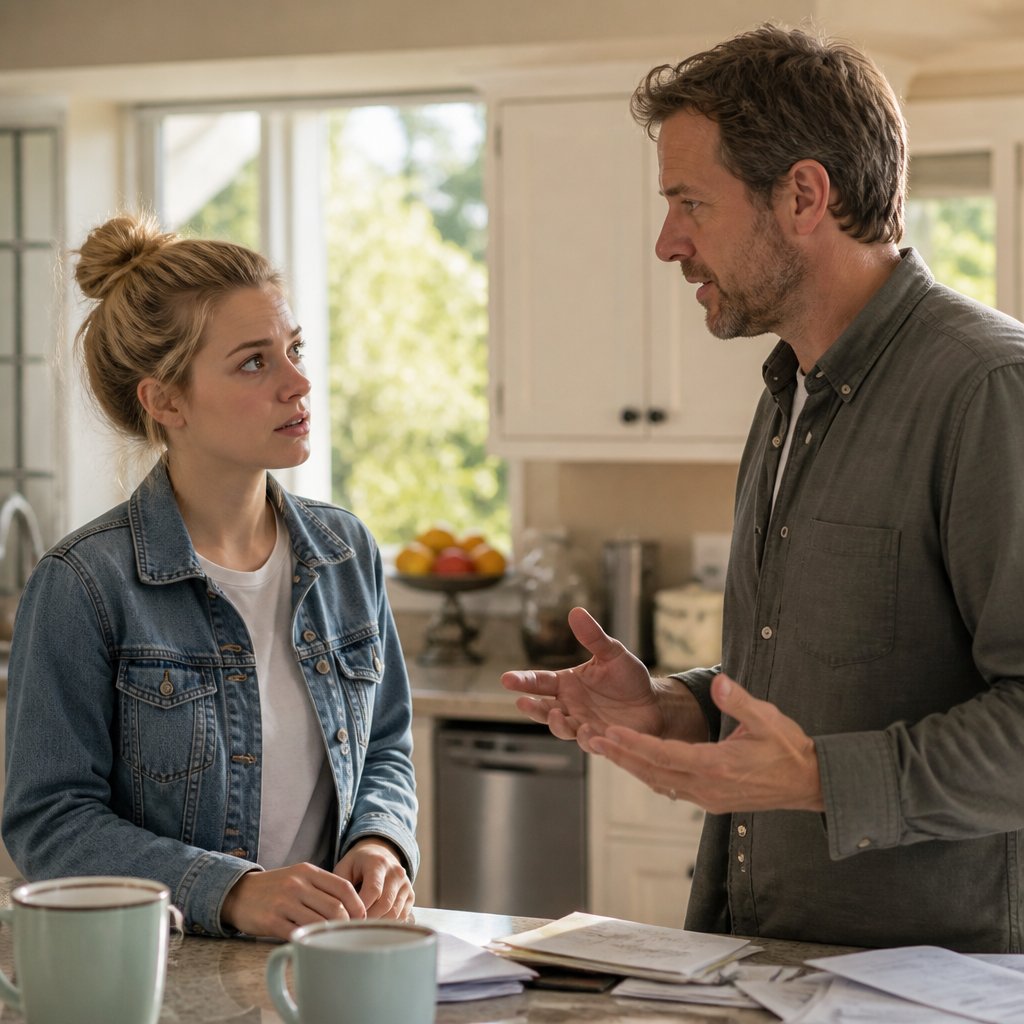 Young woman with messy blonde bun hesitantly looking at a man holding a phone in a cluttered kitchen.