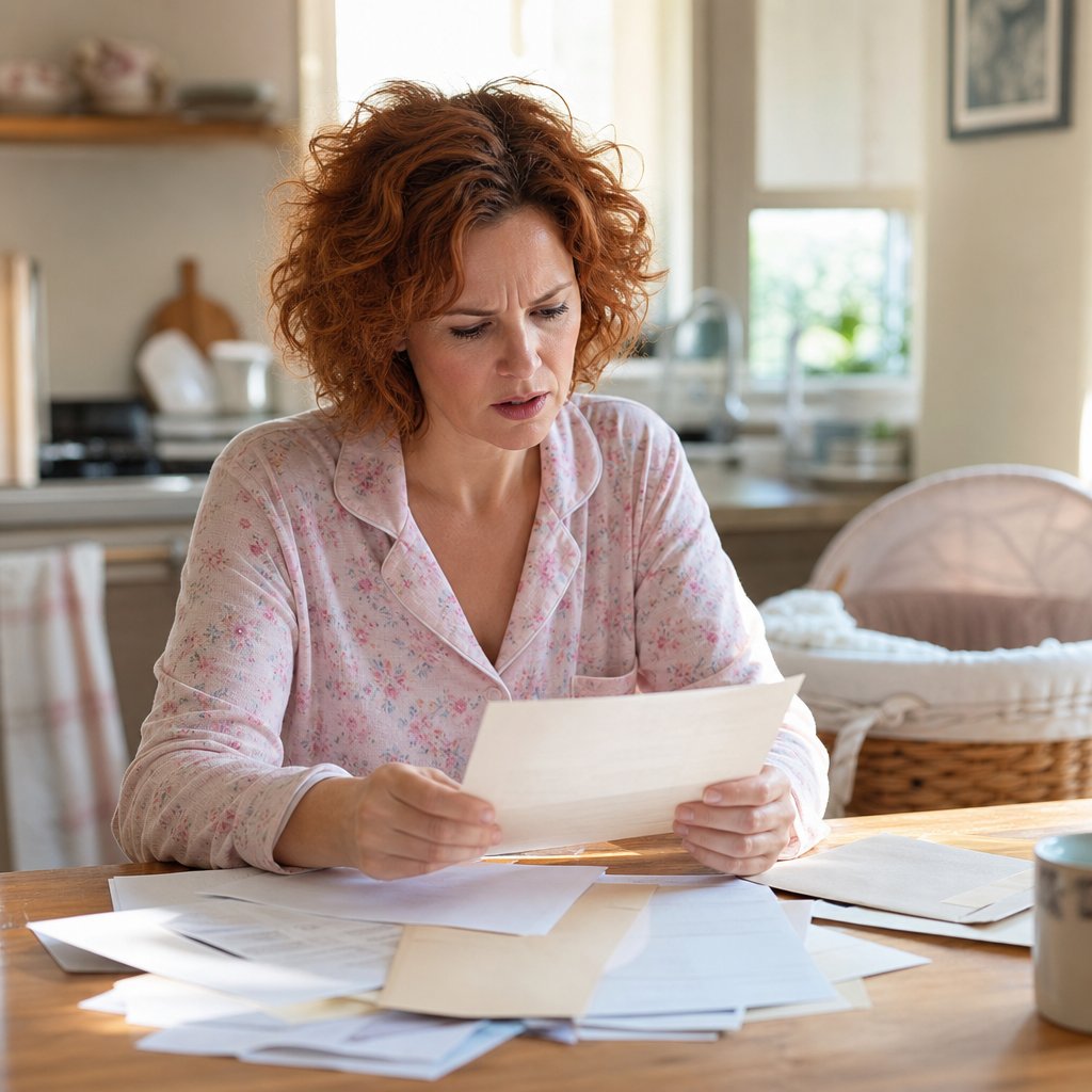 A tired young woman in pajamas sitting at a kitchen table looking at a birth certificate with concern.