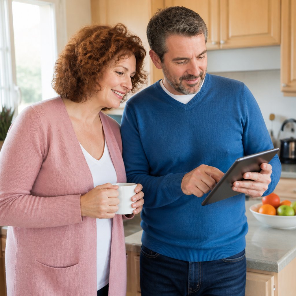 A couple examining a tablet with a color-coded calendar in a cozy kitchen.