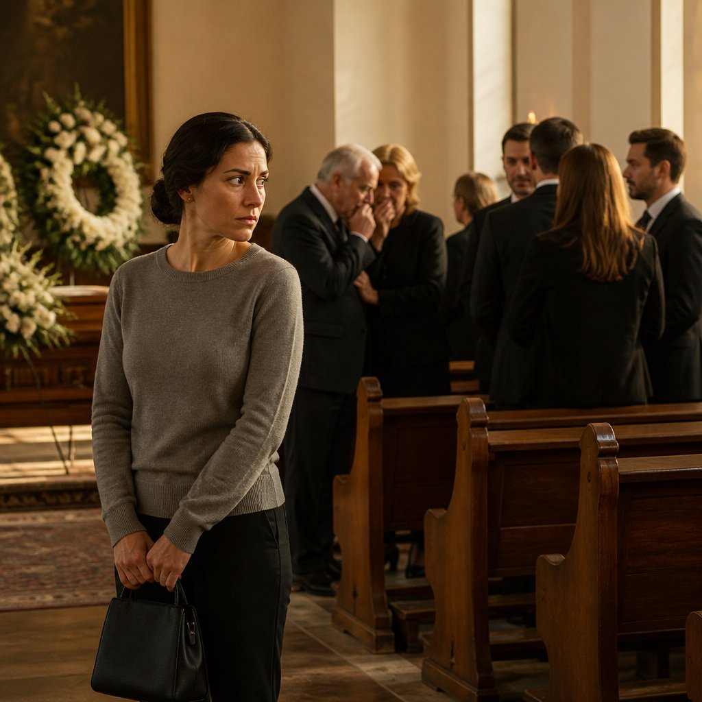 Woman standing at chapel back, clutching bag nervously, while family members whisper suspiciously behind her.