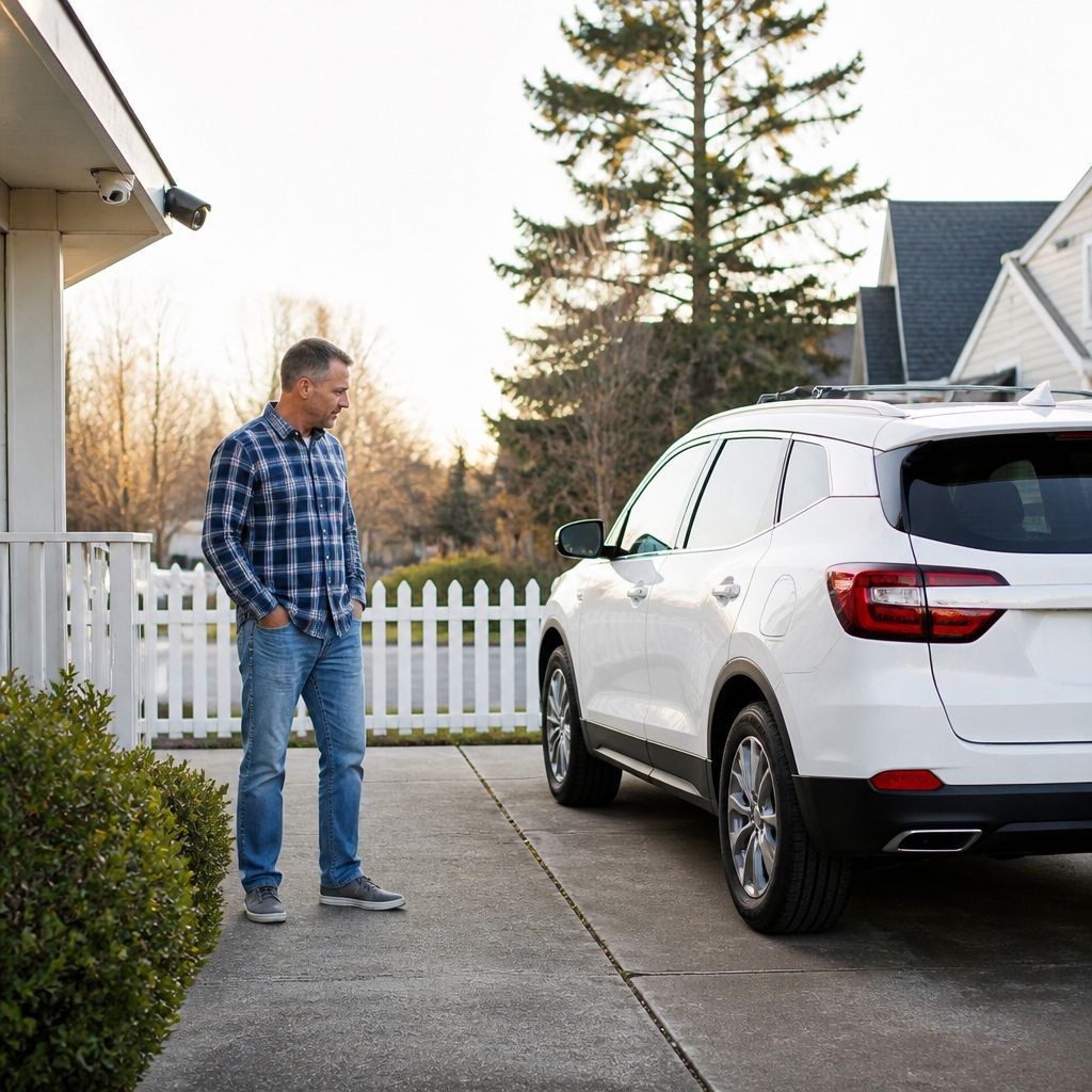 Man in blue plaid shirt standing near a white SUV parked on a driveway next to a white picket fence.