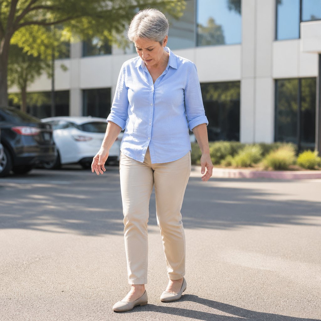 Woman looking down at her dragging left foot while walking in a parking lot in casual clothes.
