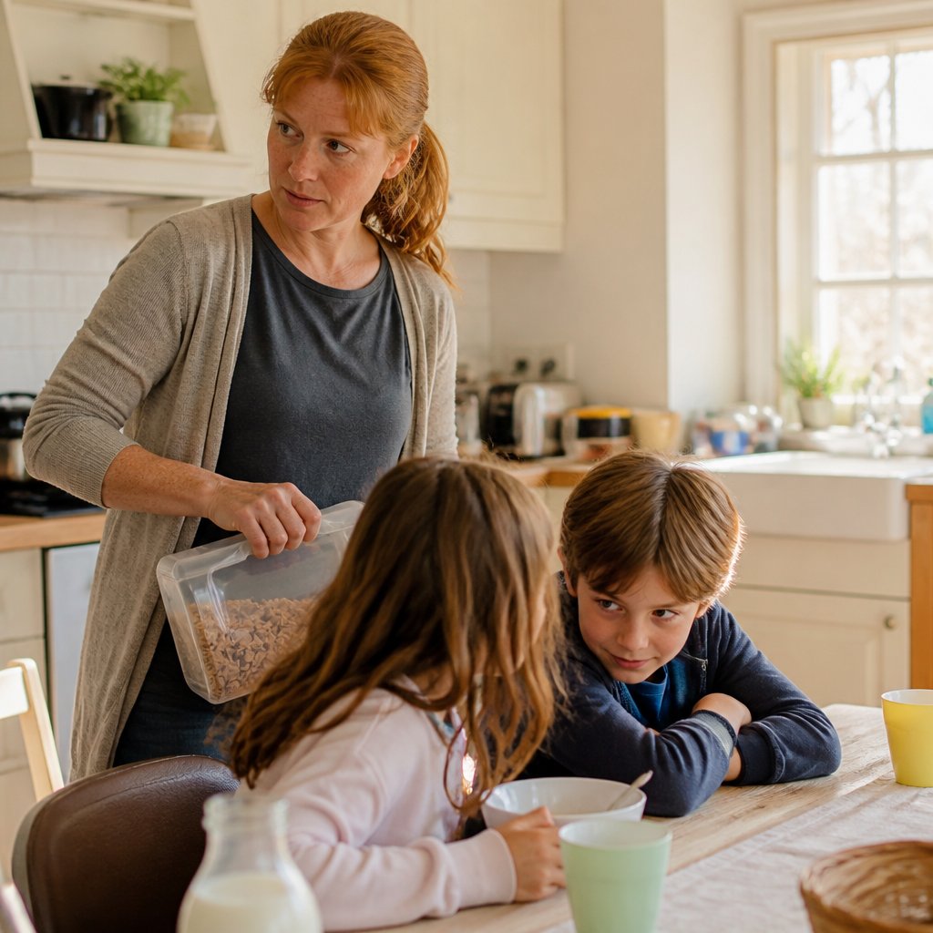 Mother pouring cereal while two children whisper quietly at the table, looking away.