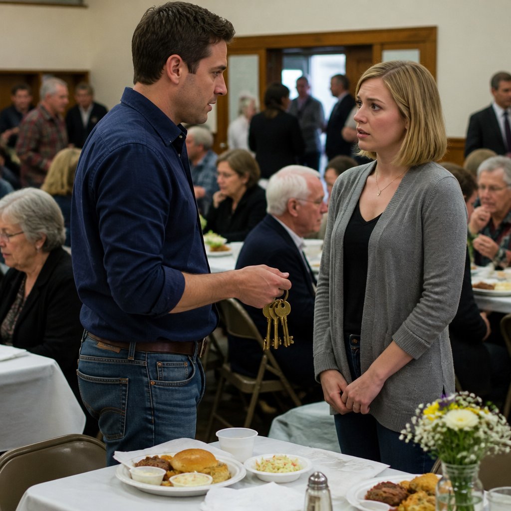 Man holding a set of keys while a woman watches him at a funeral luncheon table.