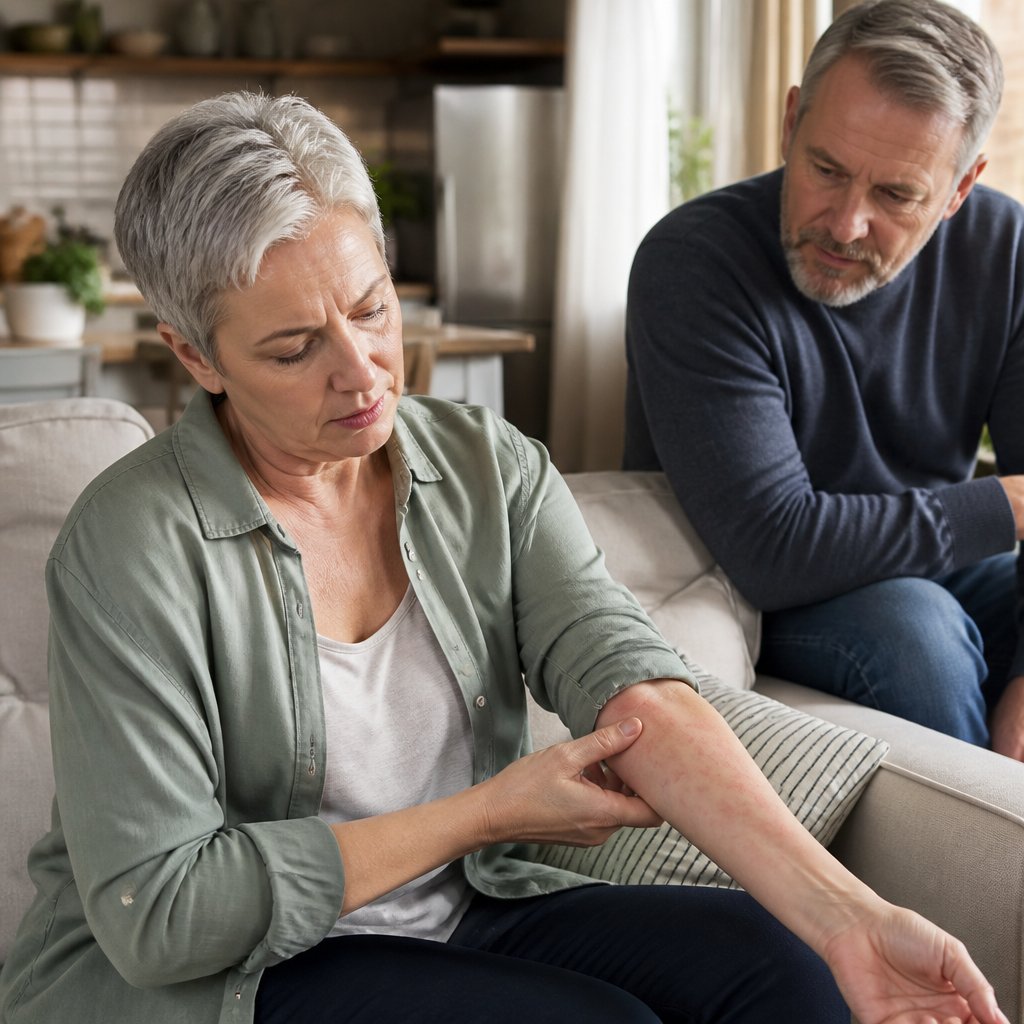 Woman examining itchy welts on forearms while sitting on living room couch, spouse watching with concern.