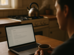 Woman at kitchen table with laptop and bread, natural light coming in