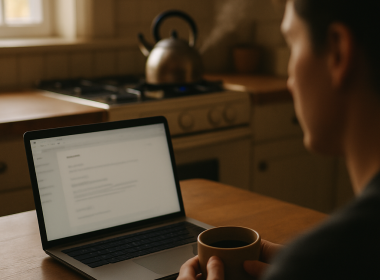 Woman at kitchen table with laptop and bread, natural light coming in