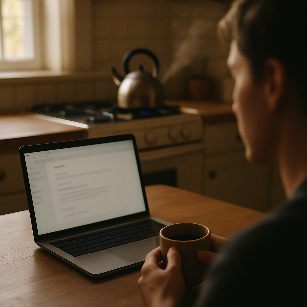Woman at kitchen table with laptop and bread, natural light coming in