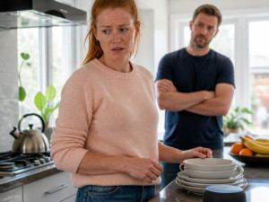 Woman surprised by smart speaker playing a voice note in a kitchen, man watching silently