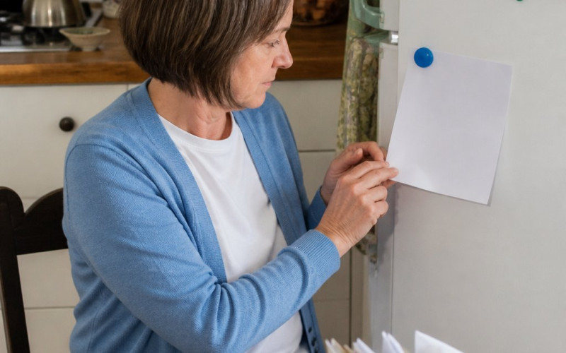Woman sitting at kitchen table looking at 'No Yelling' rule on fridge, hands fidgeting, kitchen background.