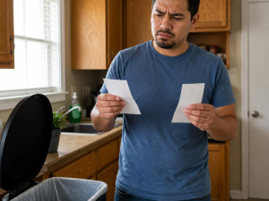 Man studying two identical receipts in his kitchen, looking confused and concerned.