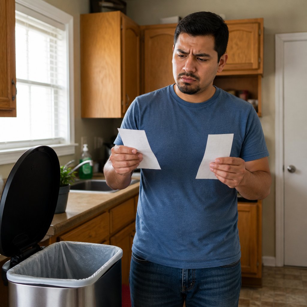 Man studying two identical receipts in his kitchen, looking confused and concerned.