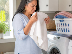 Latina woman sniffing a towel in laundry room, puzzled expression, casual clothes.