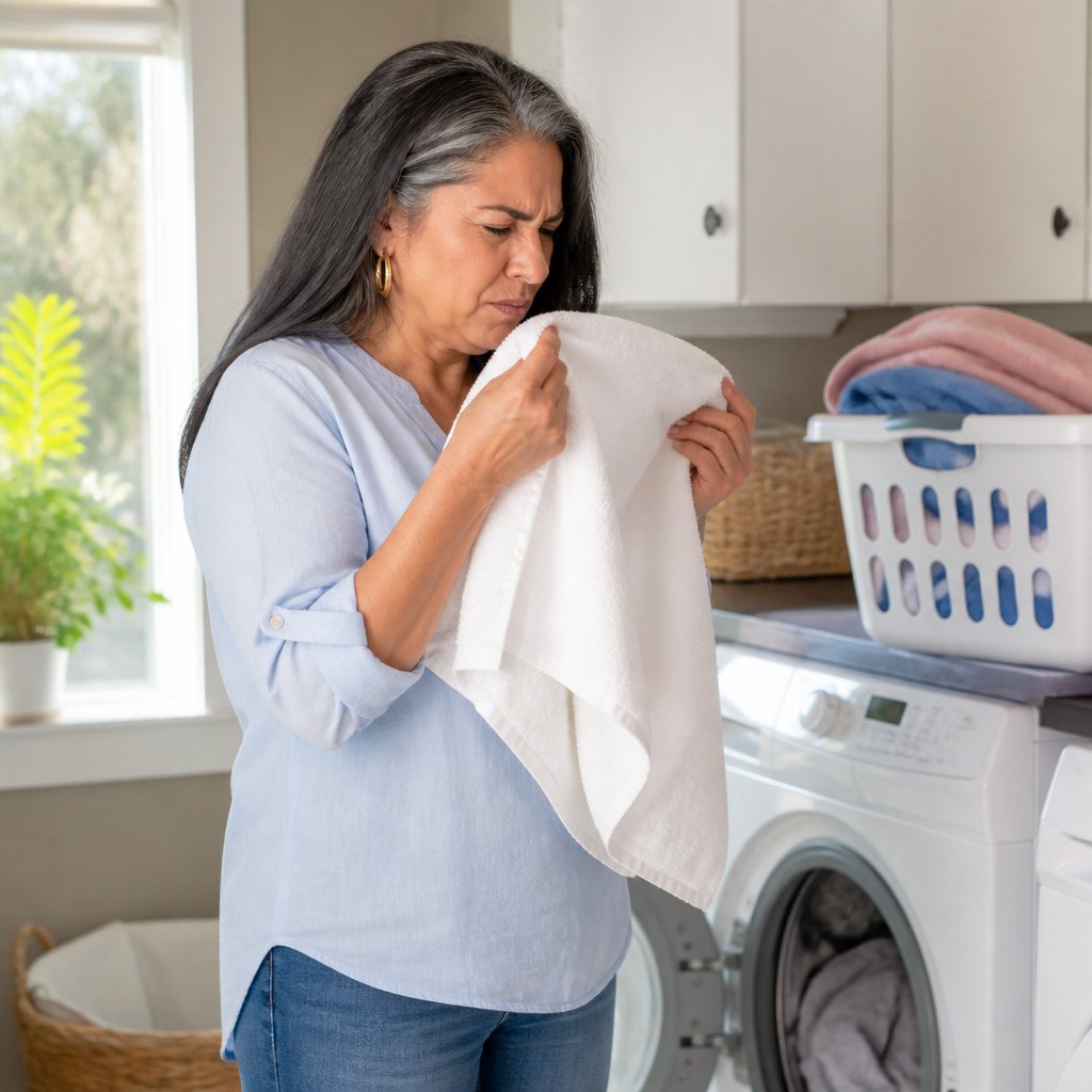 Latina woman sniffing a towel in laundry room, puzzled expression, casual clothes.