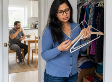 Woman looking at empty hangers in closet while man drinks coffee at table nearby.