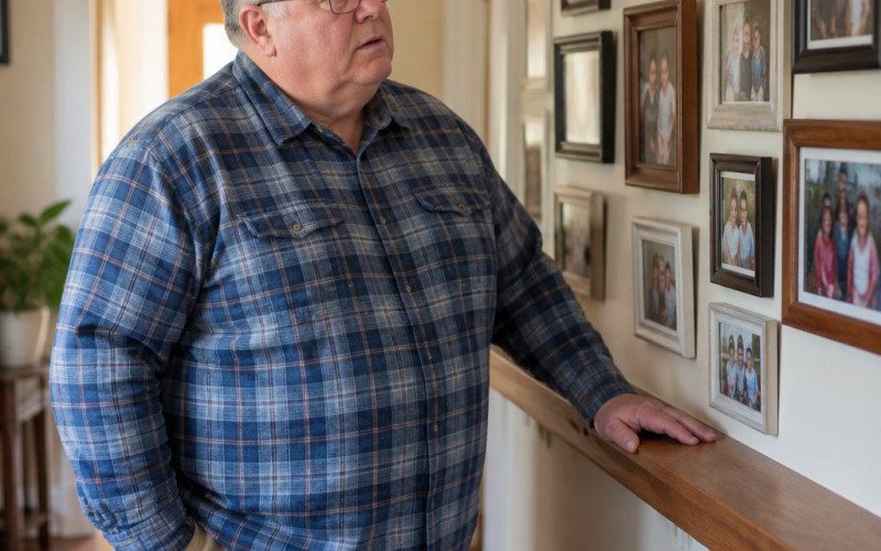 Man in blue flannel shirt examining a framed family photo wall in a cozy hallway.