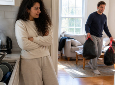 Woman watching man preparing garbage bags in the living room from the kitchen doorway.