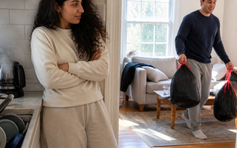 Woman watching man preparing garbage bags in the living room from the kitchen doorway.