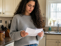 Woman looking puzzled at a signed permission slip in a kitchen