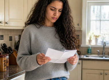 Woman looking puzzled at a signed permission slip in a kitchen