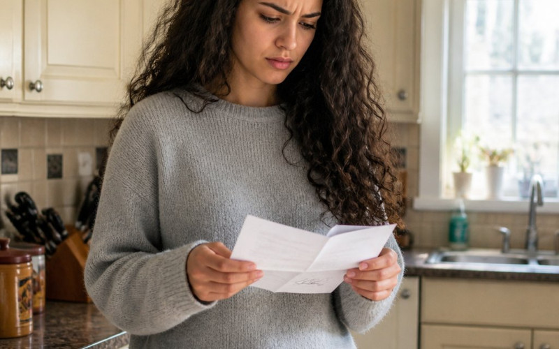 Woman looking puzzled at a signed permission slip in a kitchen
